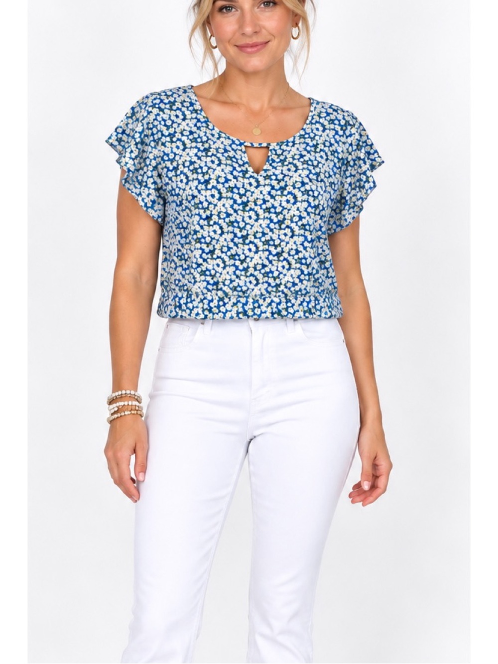 IZ Byer Women’s Blue & White Floral Cropped Top, size Medium